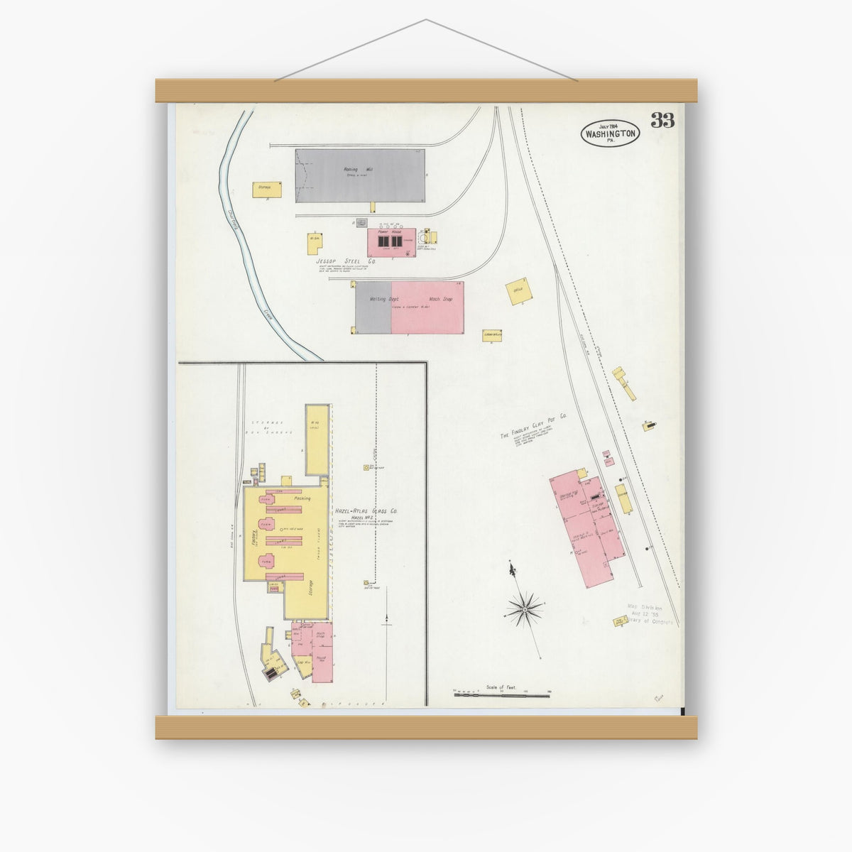 Old map wall art mockup — magnetic wood frame on white wall — Sanborn Fire Insurance Map from Washington, Washington County, Pennsylvania (1904), Sheet #0033