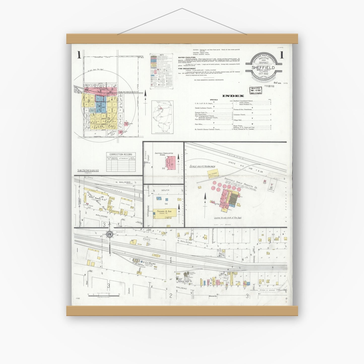 Old map wall art mockup — magnetic wood frame on white wall — Sanborn Fire Insurance Map from Sheffield, Bureau County, Illinois (1932) - Complete Map Set
