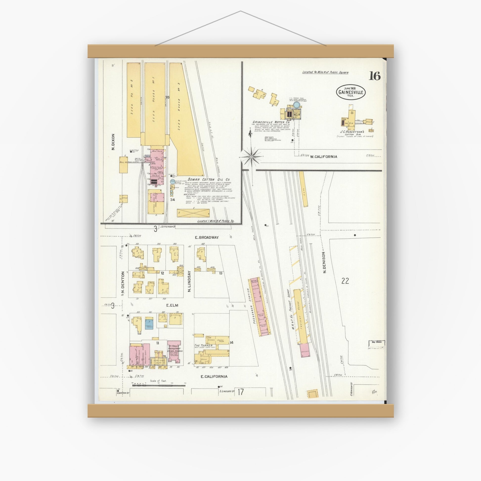 Old map wall art mockup — magnetic wood frame on white wall — Sanborn Fire Insurance Map from Gainesville, Cooke County, Texas (1908), Sheet #0016