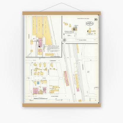 Old map wall art mockup — magnetic wood frame on white wall — Sanborn Fire Insurance Map from Gainesville, Cooke County, Texas (1908), Sheet #0016