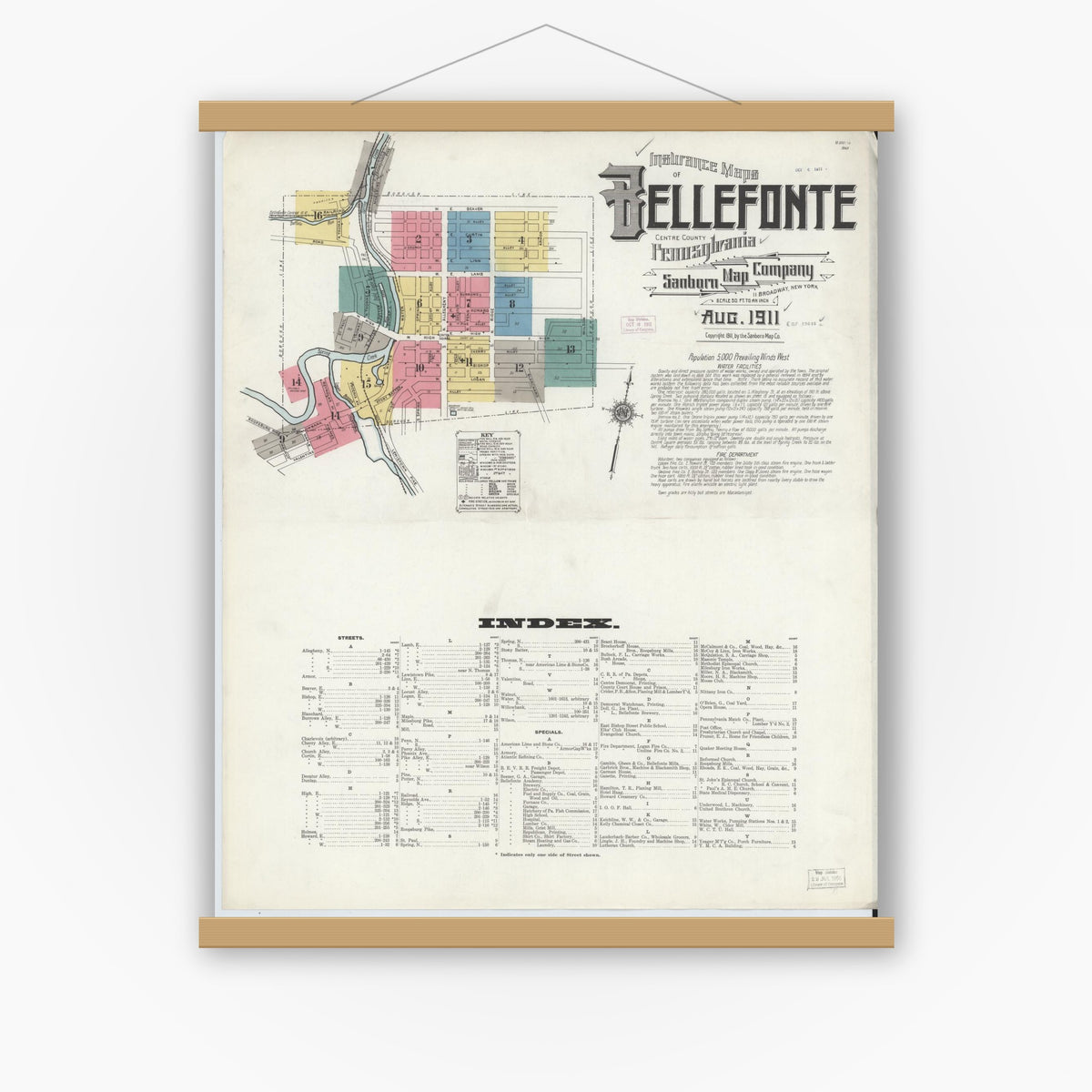Old map wall art mockup — magnetic wood frame on white wall — Sanborn Fire Insurance Map from Bellefonte, Centre County, Pennsylvania (1911) - Complete Map Set