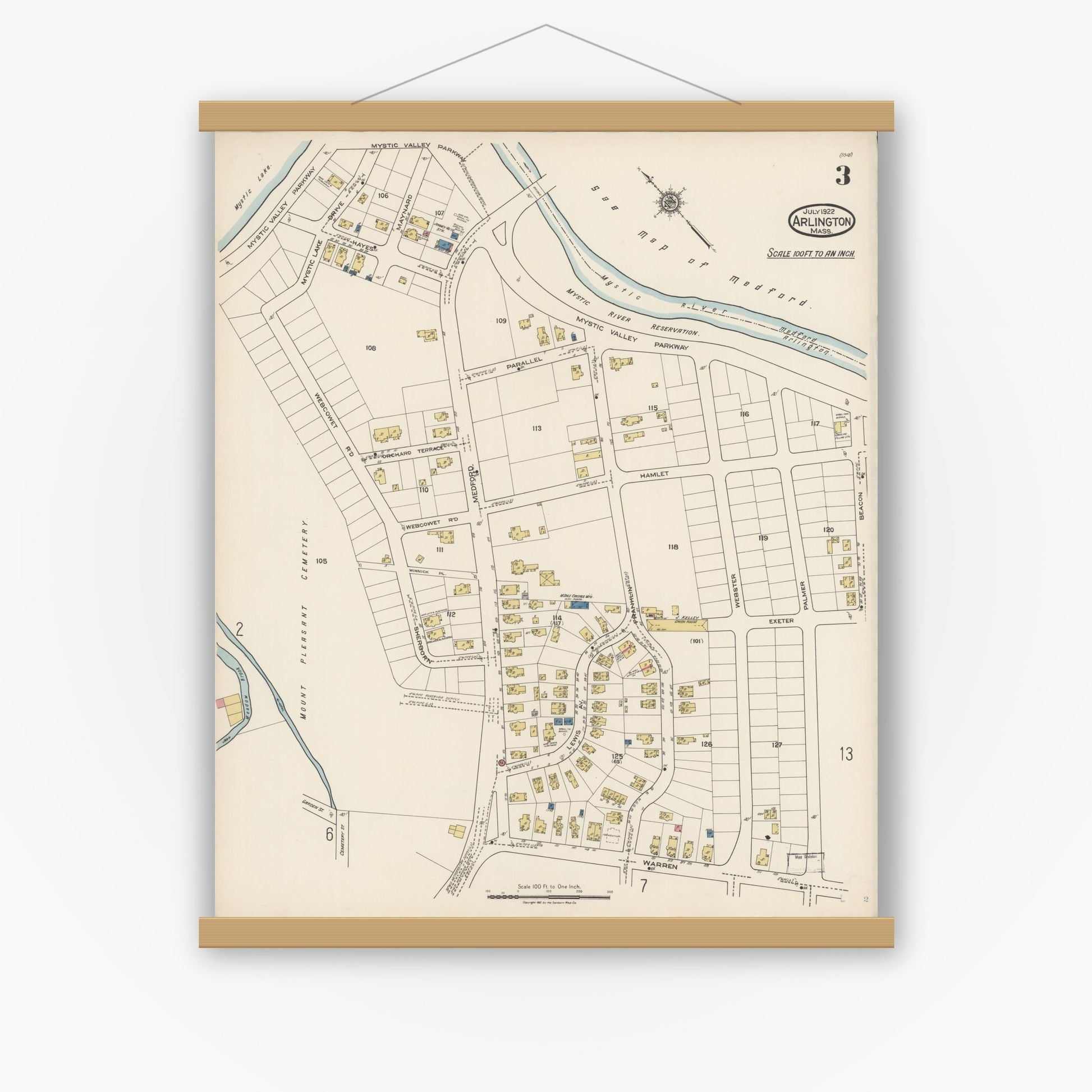 Old map wall art mockup — magnetic wood frame on white wall — Sanborn Fire Insurance Map from Arlington, Middlesex County, Massachusetts (1922), Sheet #0003