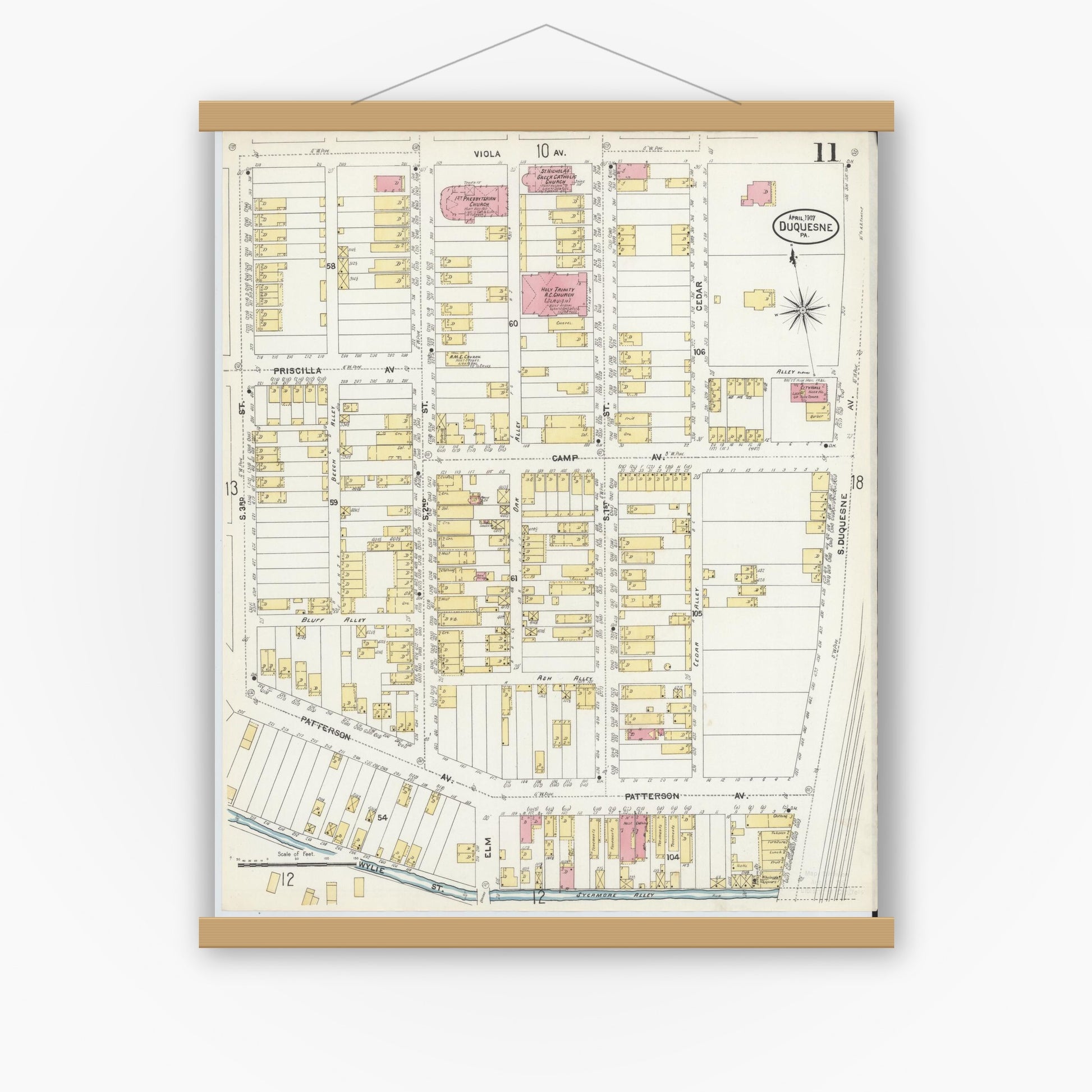 Old map wall art mockup — magnetic wood frame on white wall — Sanborn Fire Insurance Map from Duquesne, Allegheny County, Pennsylvania (1907), Sheet #0011