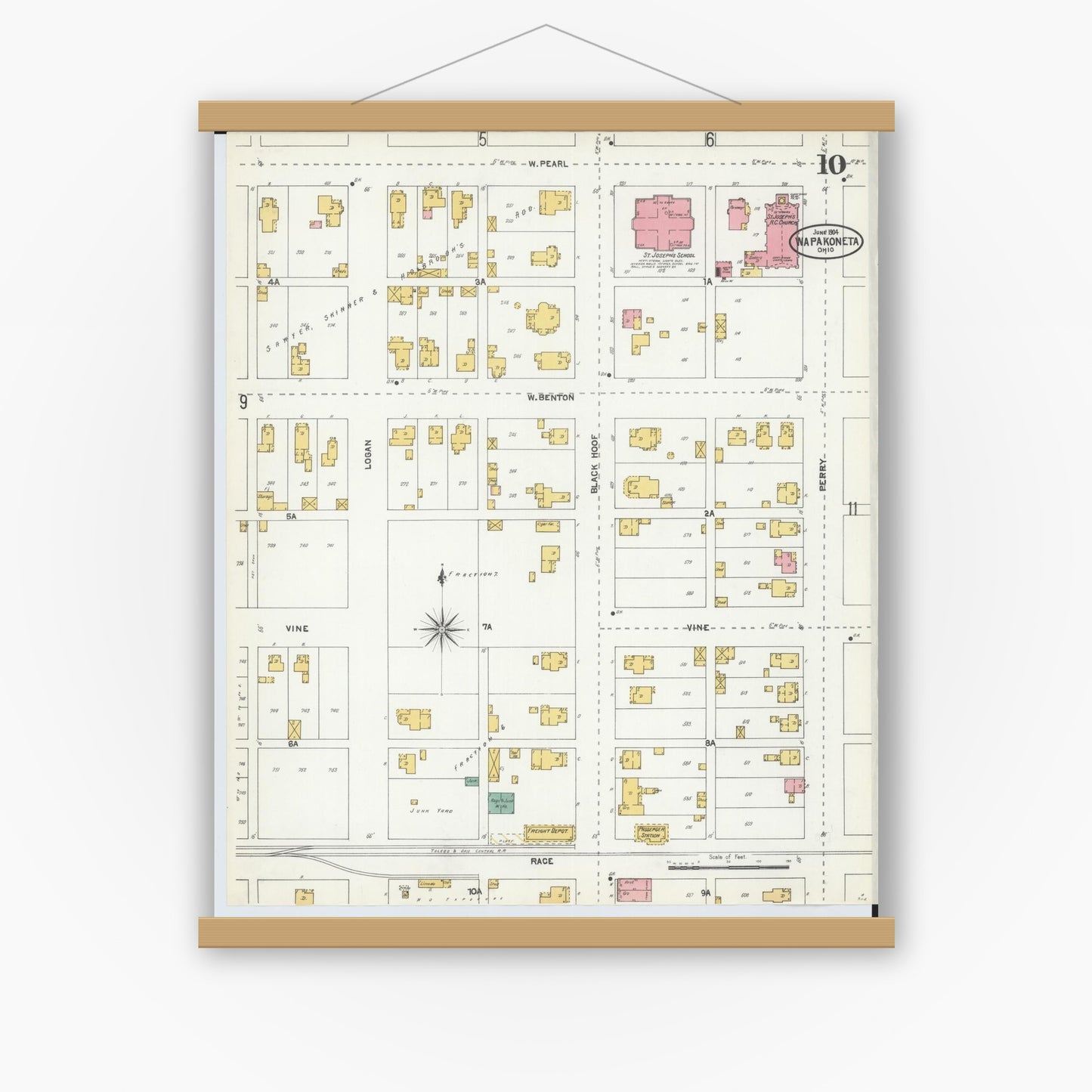 Old map wall art mockup — magnetic wood frame on white wall — Sanborn Fire Insurance Map from Wapakoneta, Auglaize County, Ohio (1904), Sheet #0010