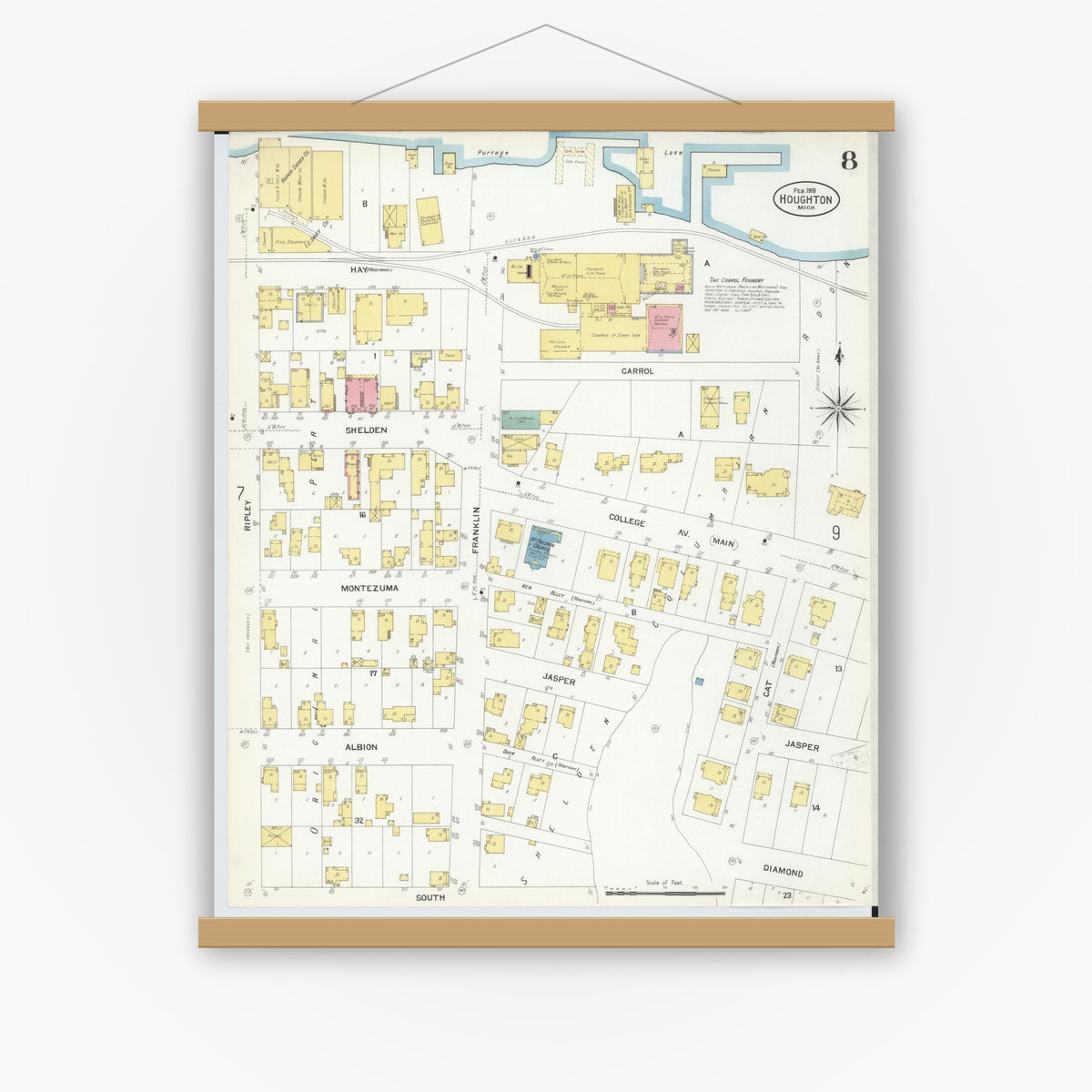 Old map wall art mockup — magnetic wood frame on white wall — Sanborn Fire Insurance Map from Houghton, Houghton County, Michigan (1908), Sheet #0008
