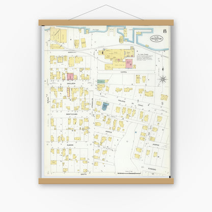 Old map wall art mockup — magnetic wood frame on white wall — Sanborn Fire Insurance Map from Houghton, Houghton County, Michigan (1908), Sheet #0008