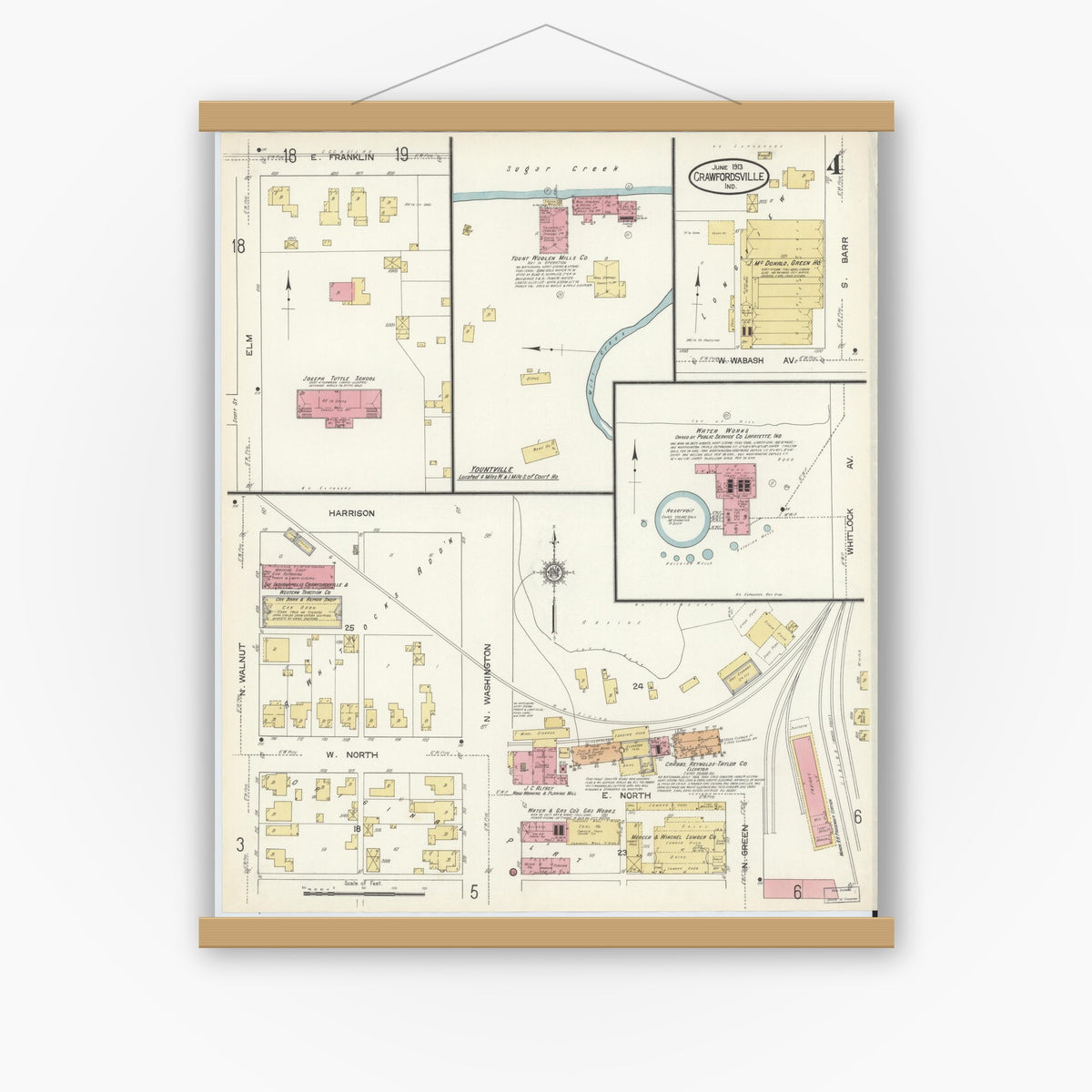 Old map wall art mockup — magnetic wood frame on white wall — Sanborn Fire Insurance Map from Crawfordsville, Montgomery County, Indiana (1913), Sheet #0004