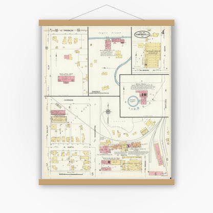 Old map wall art mockup — magnetic wood frame on white wall — Sanborn Fire Insurance Map from Crawfordsville, Montgomery County, Indiana (1913), Sheet #0004