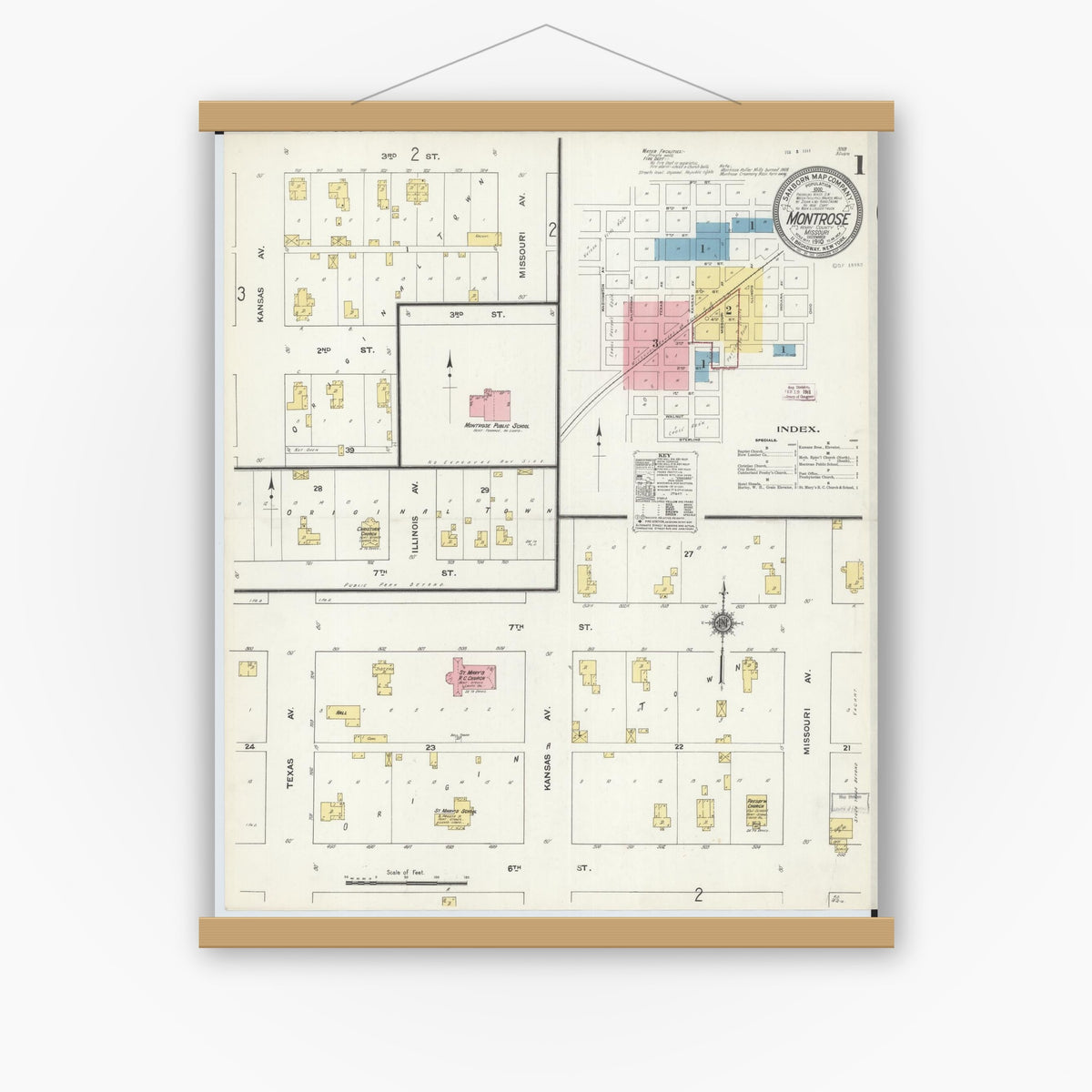 Old map wall art mockup — magnetic wood frame on white wall — Sanborn Fire Insurance Map from Montrose, Henry County, Missouri (1910) - Complete Map Set
