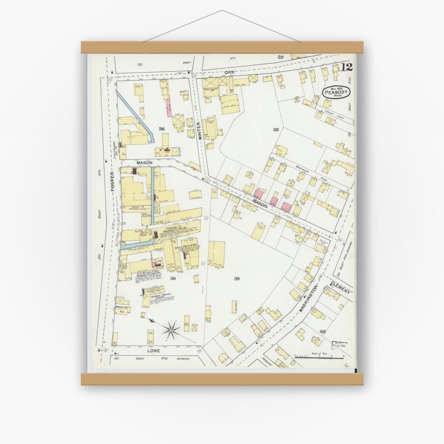 Old map wall art mockup — magnetic wood frame on white wall — Sanborn Fire Insurance Map from Peabody, Essex County, Massachusetts (1892), Sheet #0012