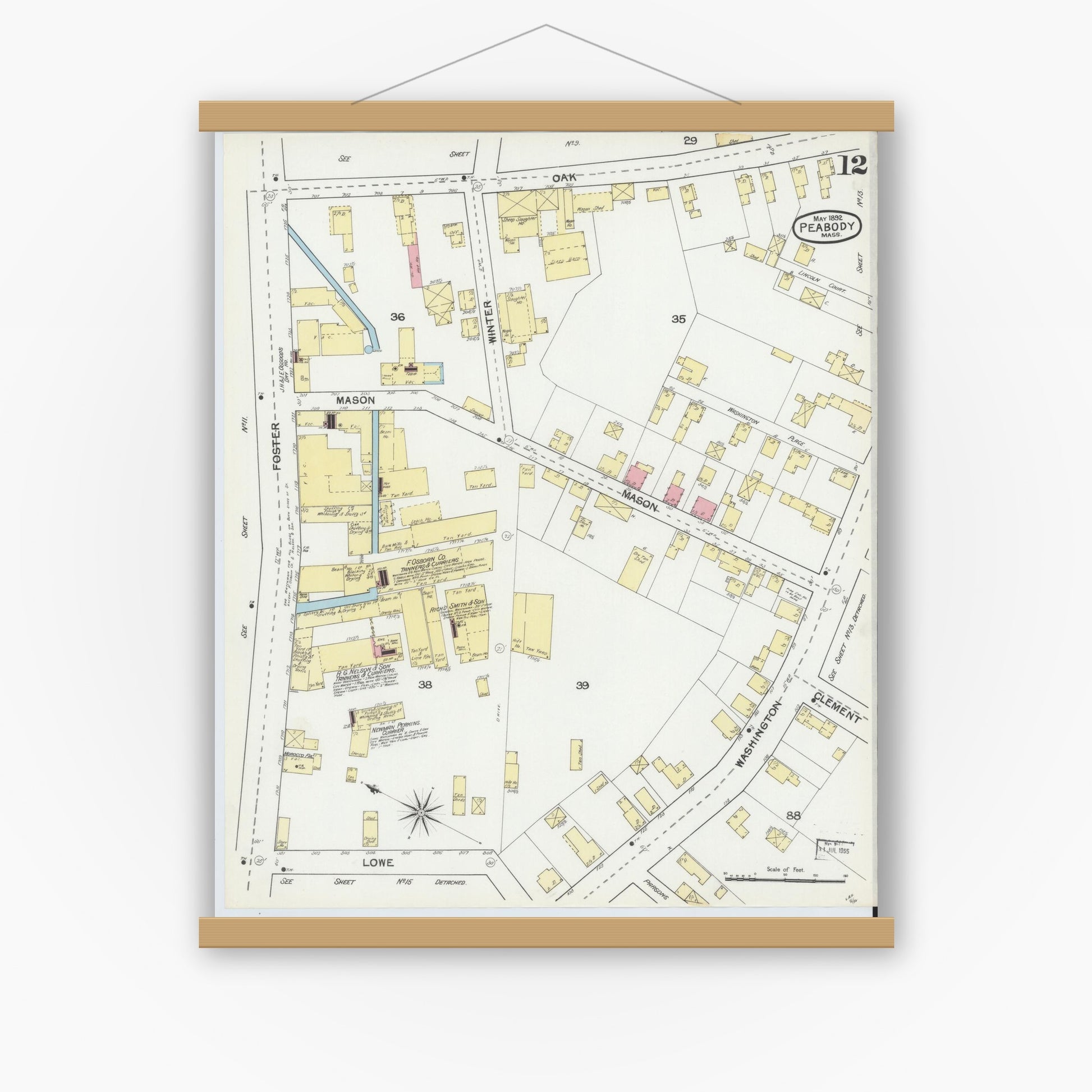 Old map wall art mockup — magnetic wood frame on white wall — Sanborn Fire Insurance Map from Peabody, Essex County, Massachusetts (1892), Sheet #0012