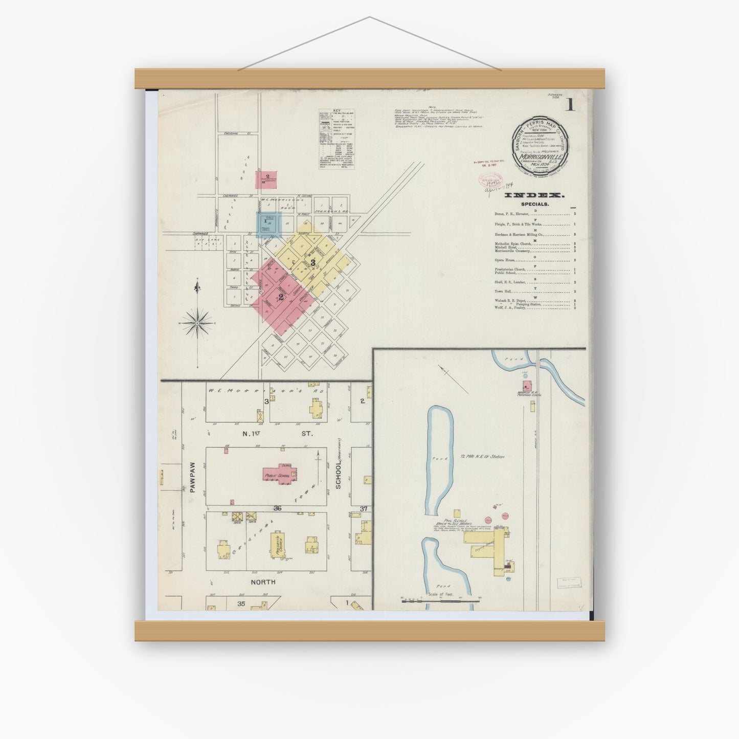 Old map wall art mockup — magnetic wood frame on white wall — Sanborn Fire Insurance Map from Morrisonville, Christian County, Illinois (1894) - Complete Map Set