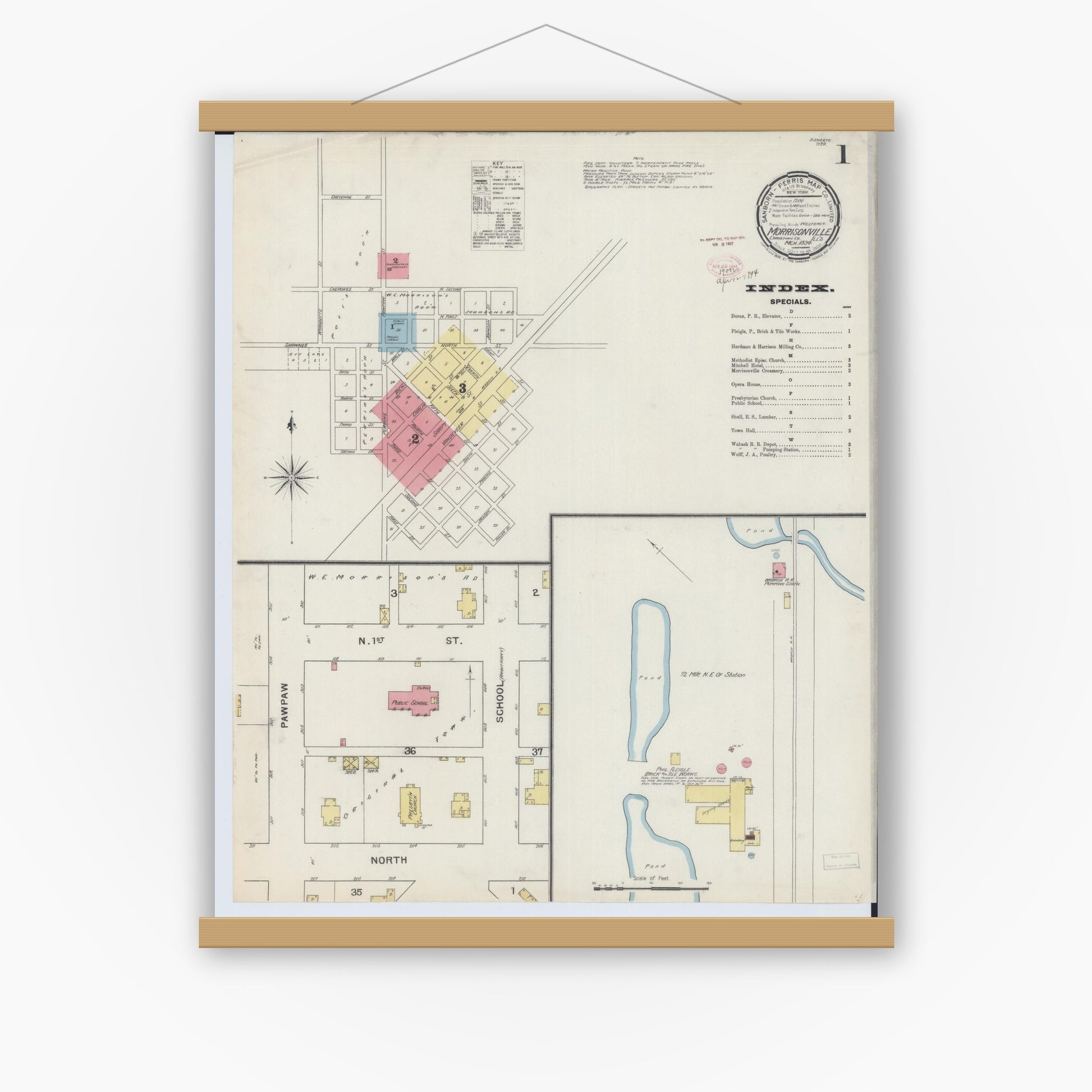 Old map wall art mockup — magnetic wood frame on white wall — Sanborn Fire Insurance Map from Morrisonville, Christian County, Illinois (1894) - Complete Map Set