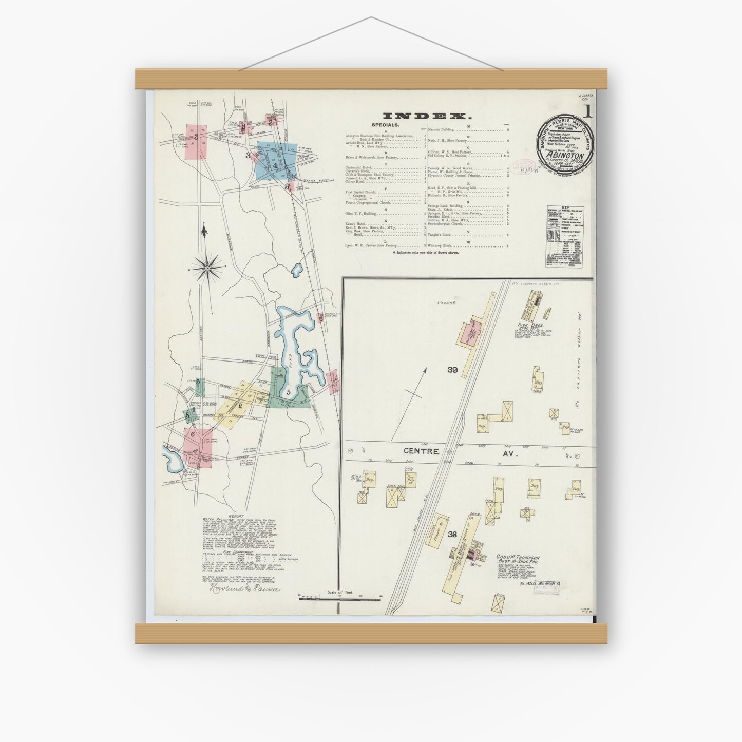 Old map wall art mockup — magnetic wood frame on white wall — Sanborn Fire Insurance Map from Abington, Plymouth County, Massachusetts (1891) - Complete Map Set