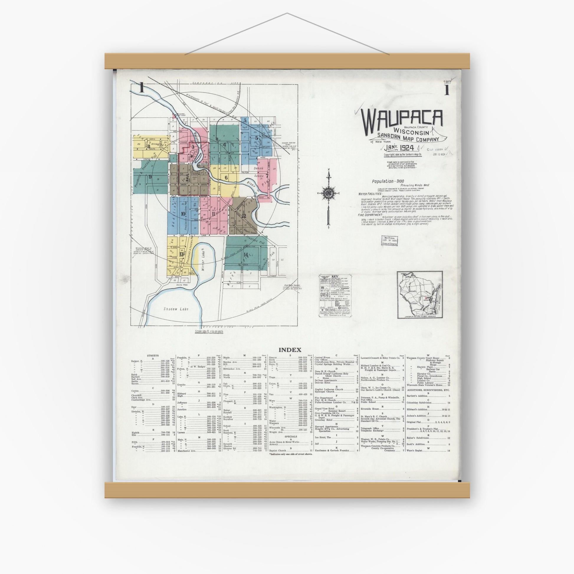Old map wall art mockup — magnetic wood frame on white wall — Sanborn Fire Insurance Map from Waupaca, Waupaca County, Wisconsin (1924) - Complete Map Set
