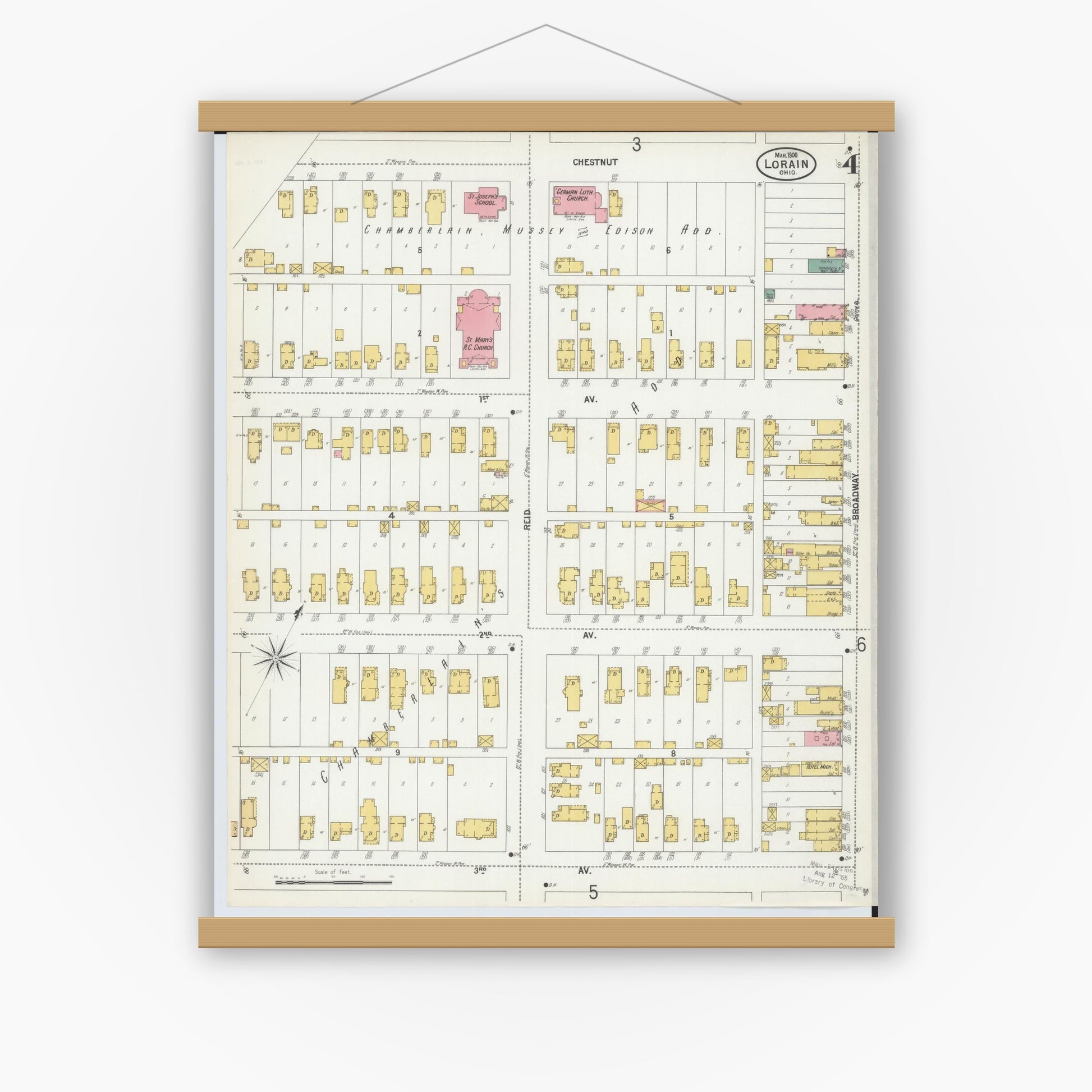 Old map wall art mockup — magnetic wood frame on white wall — Sanborn Fire Insurance Map from Lorain, Lorain County, Ohio (1900), Sheet #0004
