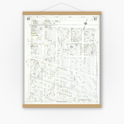 Old map wall art mockup — magnetic wood frame on white wall — Sanborn Fire Insurance Map from Odessa, Edger County, Texas (1939), Sheet #0013