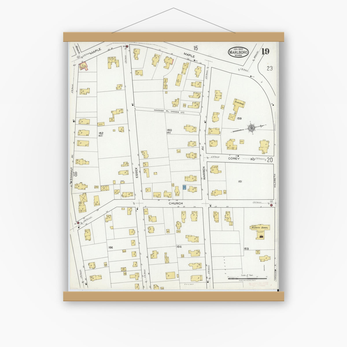 Old map wall art mockup — magnetic wood frame on white wall — Sanborn Fire Insurance Map from Marlborough, Middlesex County, Massachusetts (1920), Sheet #0019