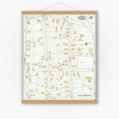 Old map wall art mockup — magnetic wood frame on white wall — Sanborn Fire Insurance Map from Marlborough, Middlesex County, Massachusetts (1920), Sheet #0019