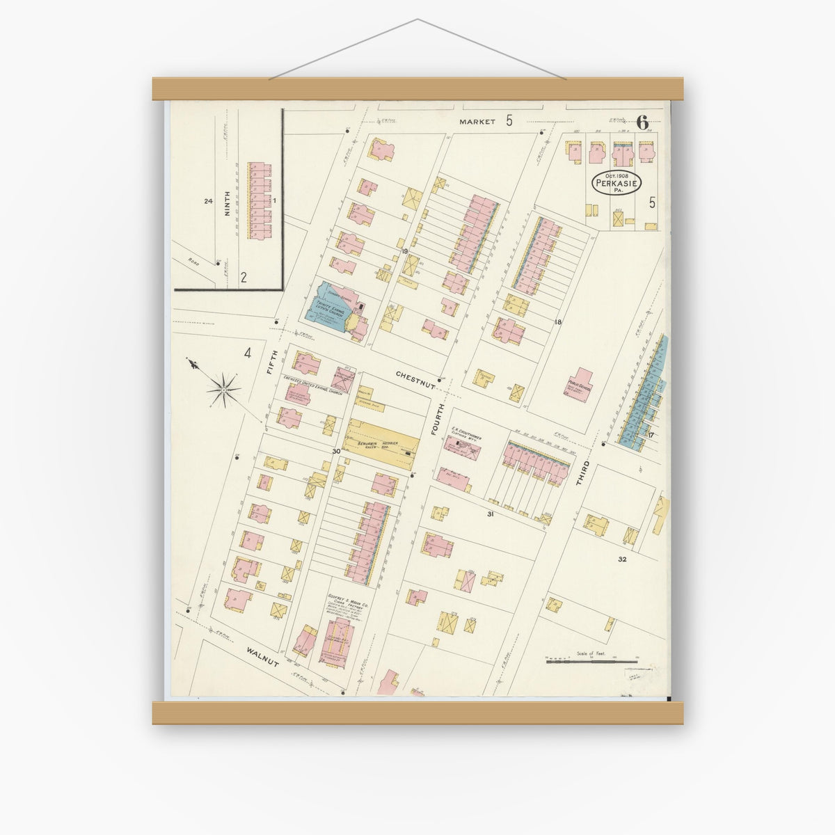 Old map wall art mockup — magnetic wood frame on white wall — Sanborn Fire Insurance Map from Perkasie, Bucks County, Pennsylvania (1908), Sheet #0006
