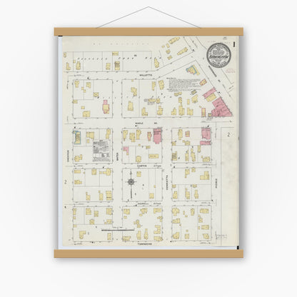 Old map wall art mockup — magnetic wood frame on white wall — Sanborn Fire Insurance Map from Birmingham, Oakland County, Michigan (1910), Sheet #0001