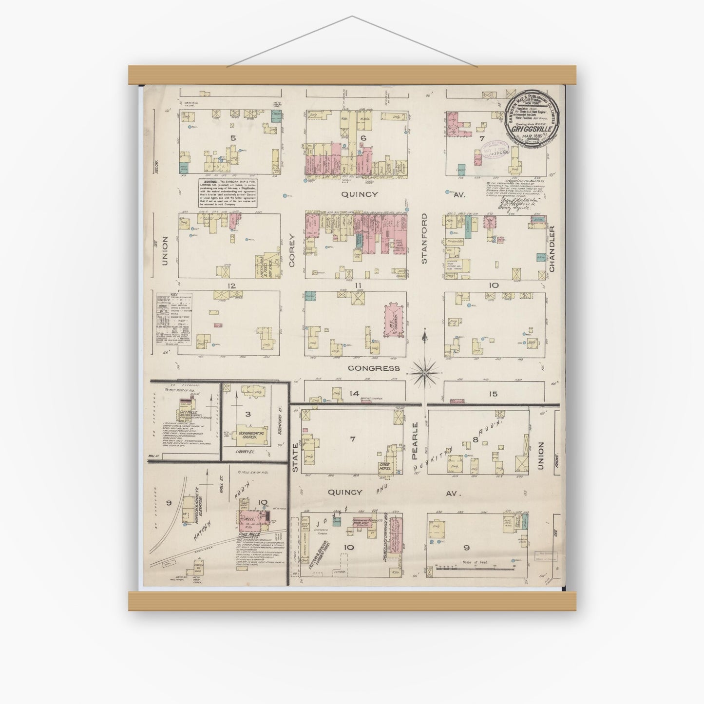 Old map wall art mockup — magnetic wood frame on white wall — Sanborn Fire Insurance Map from Griggsville, Pike County, Illinois (1885), Sheet #0001