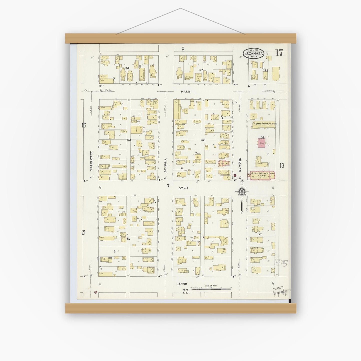 Old map wall art mockup — magnetic wood frame on white wall — Sanborn Fire Insurance Map from Escanaba, Delta County, Michigan (1913), Sheet #0017