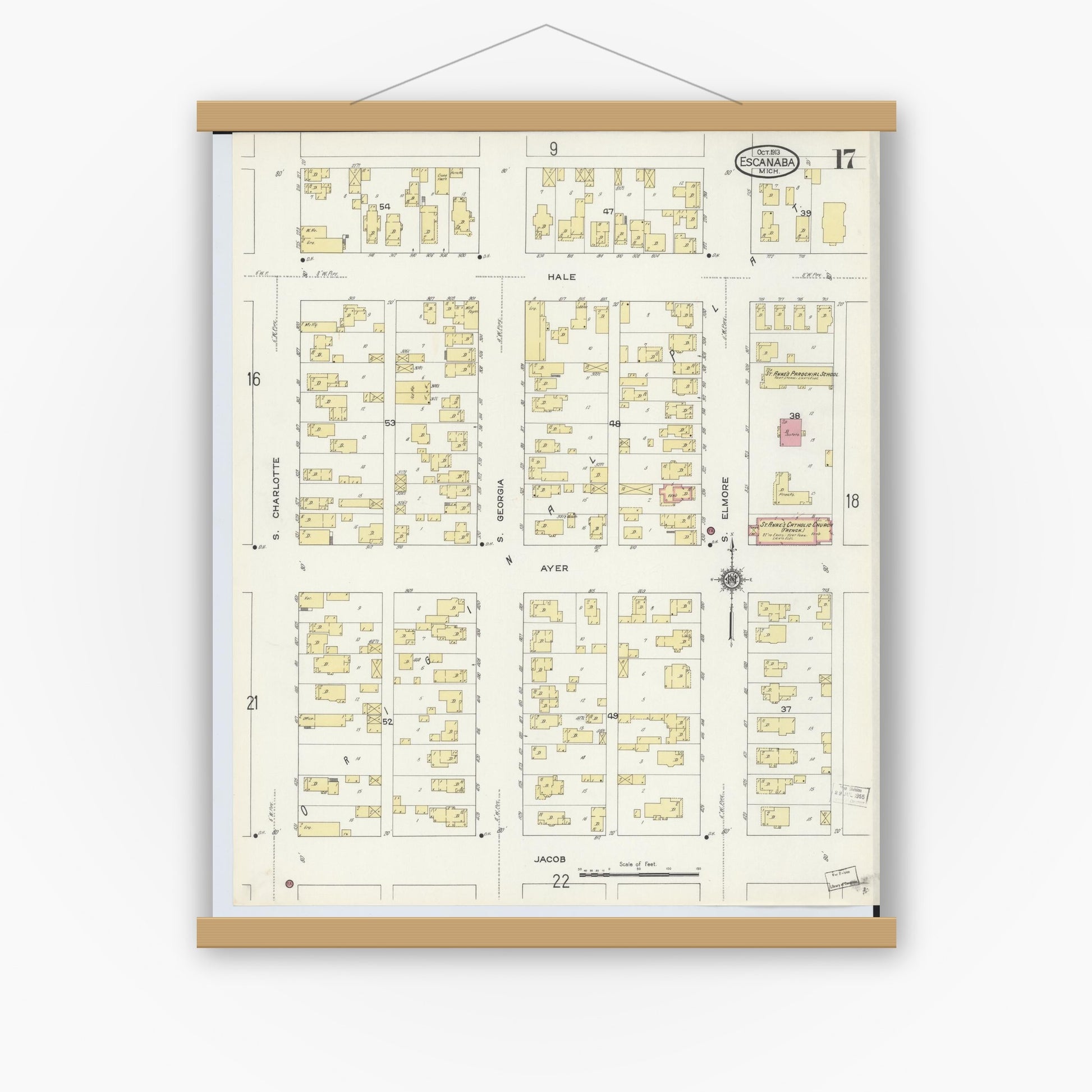 Old map wall art mockup — magnetic wood frame on white wall — Sanborn Fire Insurance Map from Escanaba, Delta County, Michigan (1913), Sheet #0017