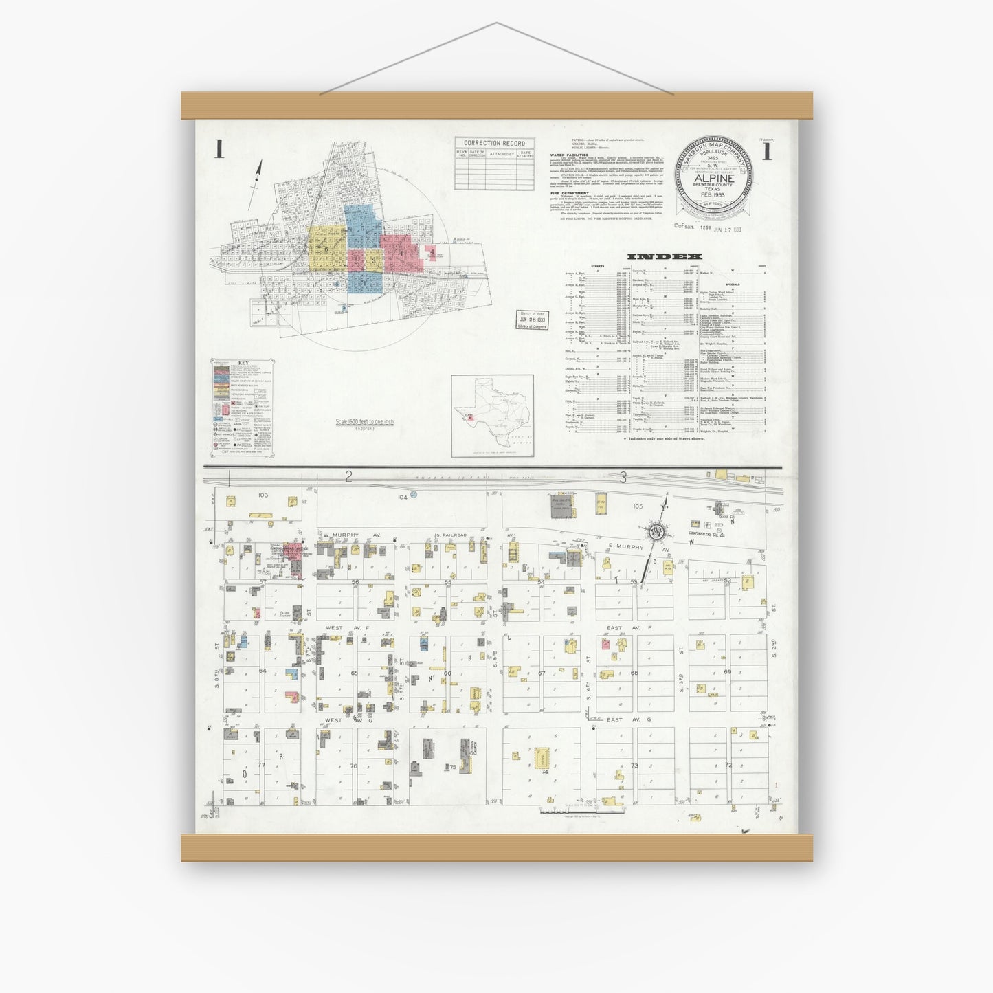 Old map wall art mockup — magnetic wood frame on white wall — Sanborn Fire Insurance Map from Alpine, Brewster County, Texas (1933), Sheet #0001