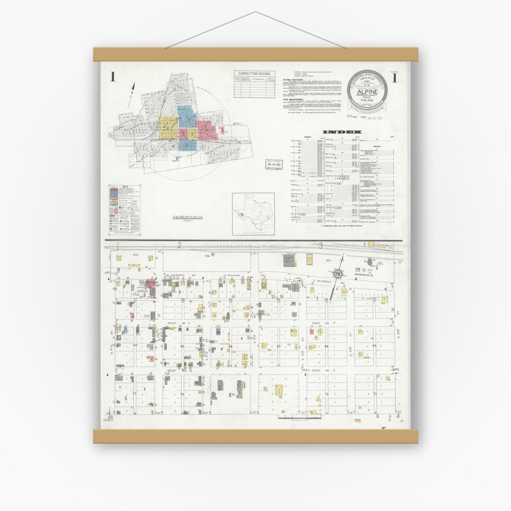 Old map wall art mockup — magnetic wood frame on white wall — Sanborn Fire Insurance Map from Alpine, Brewster County, Texas (1933), Sheet #0001