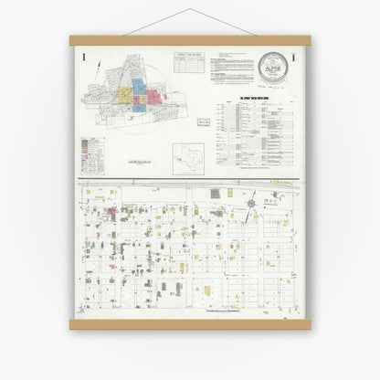 Old map wall art mockup — magnetic wood frame on white wall — Sanborn Fire Insurance Map from Alpine, Brewster County, Texas (1933), Sheet #0001