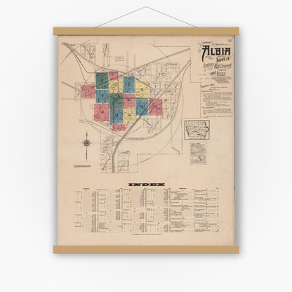 Old map wall art mockup — magnetic wood frame on white wall — Sanborn Fire Insurance Map from Albia, Monroe County, Iowa (1922) â€” Complete Set