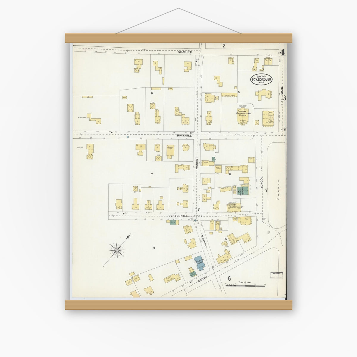 Old map wall art mockup — magnetic wood frame on white wall — Sanborn Fire Insurance Map from Foxboro, Norfolk County, Massachusetts (1903), Sheet #0004