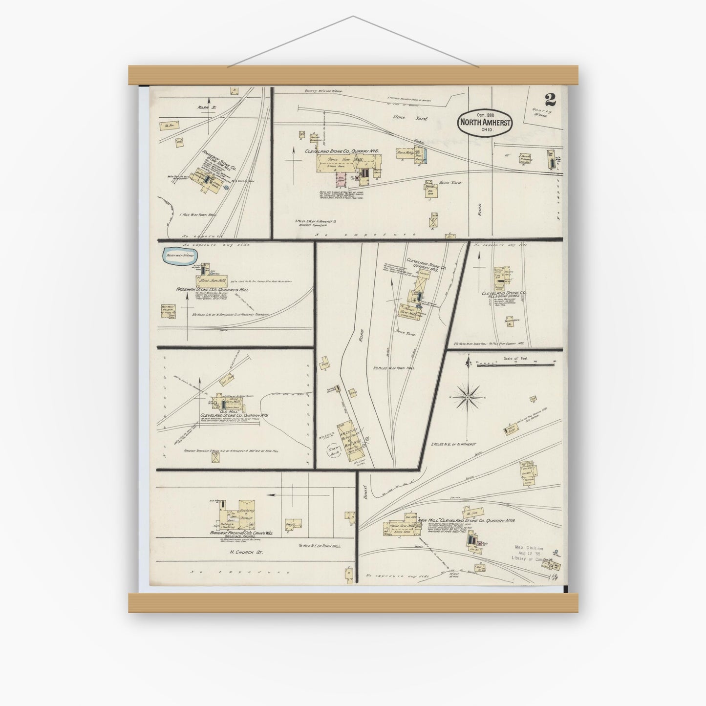 Old map wall art mockup — magnetic wood frame on white wall — Sanborn Fire Insurance Map from North Amherst, Lorain County, Ohio (1888), Sheet #0002