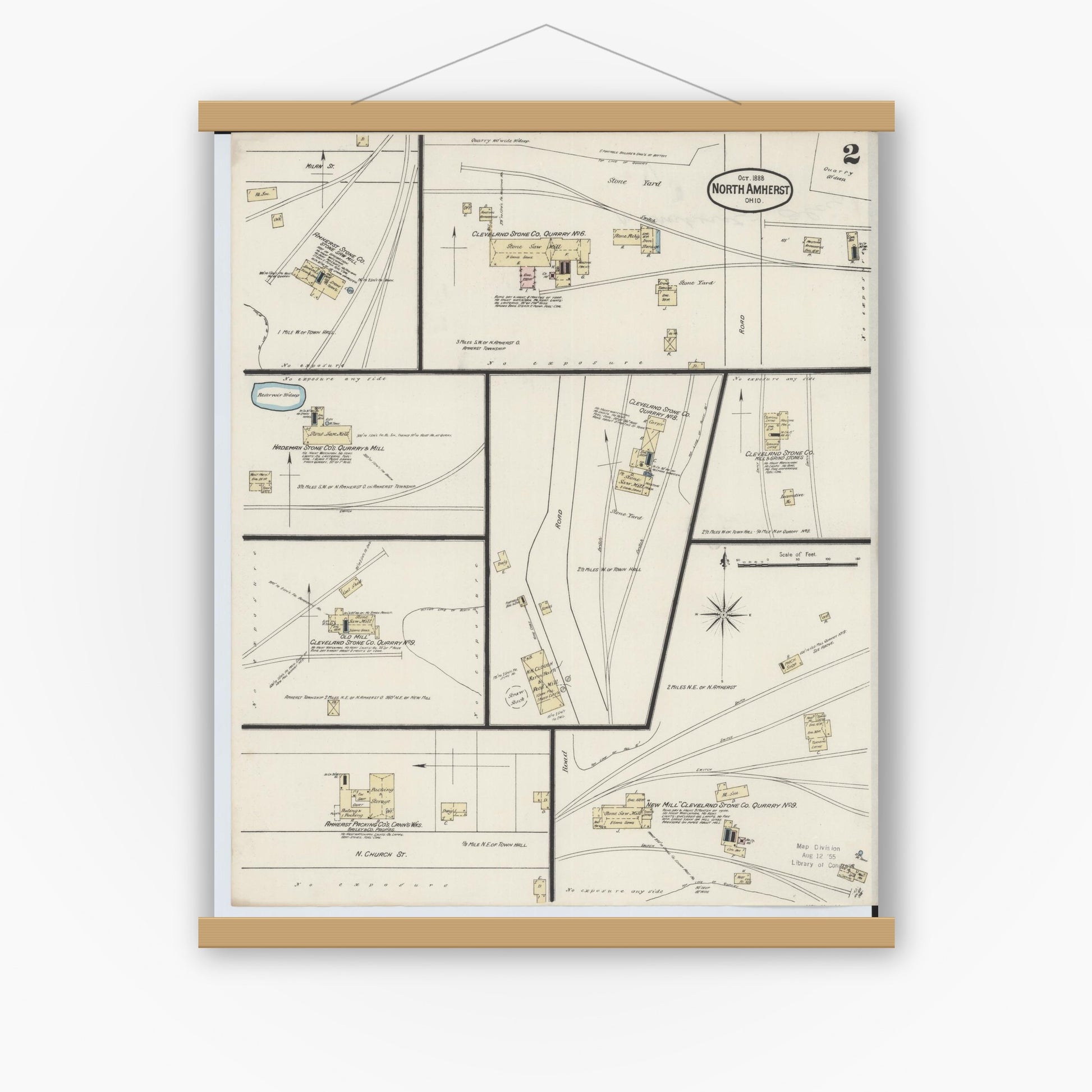 Old map wall art mockup — magnetic wood frame on white wall — Sanborn Fire Insurance Map from North Amherst, Lorain County, Ohio (1888), Sheet #0002