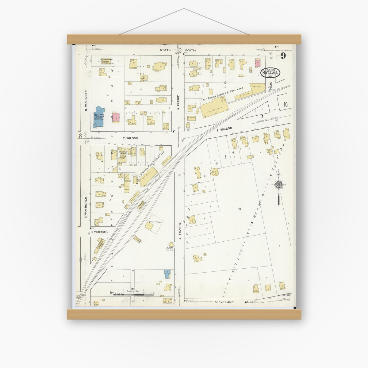 Old map wall art mockup — magnetic wood frame on white wall — Sanborn Fire Insurance Map from Batavia, Kane County, Illinois (1916), Sheet #0009