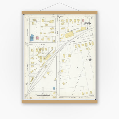 Old map wall art mockup — magnetic wood frame on white wall — Sanborn Fire Insurance Map from Batavia, Kane County, Illinois (1916), Sheet #0009