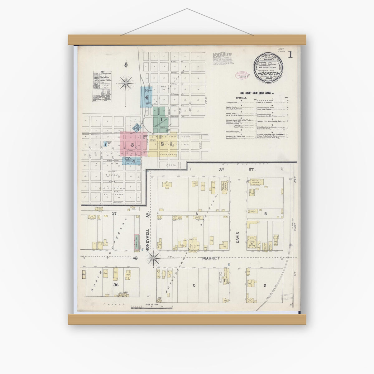 Old map wall art mockup — magnetic wood frame on white wall — Sanborn Fire Insurance Map from Hoopeston, Vermilion County, Illinois (1890) - Complete Map Set
