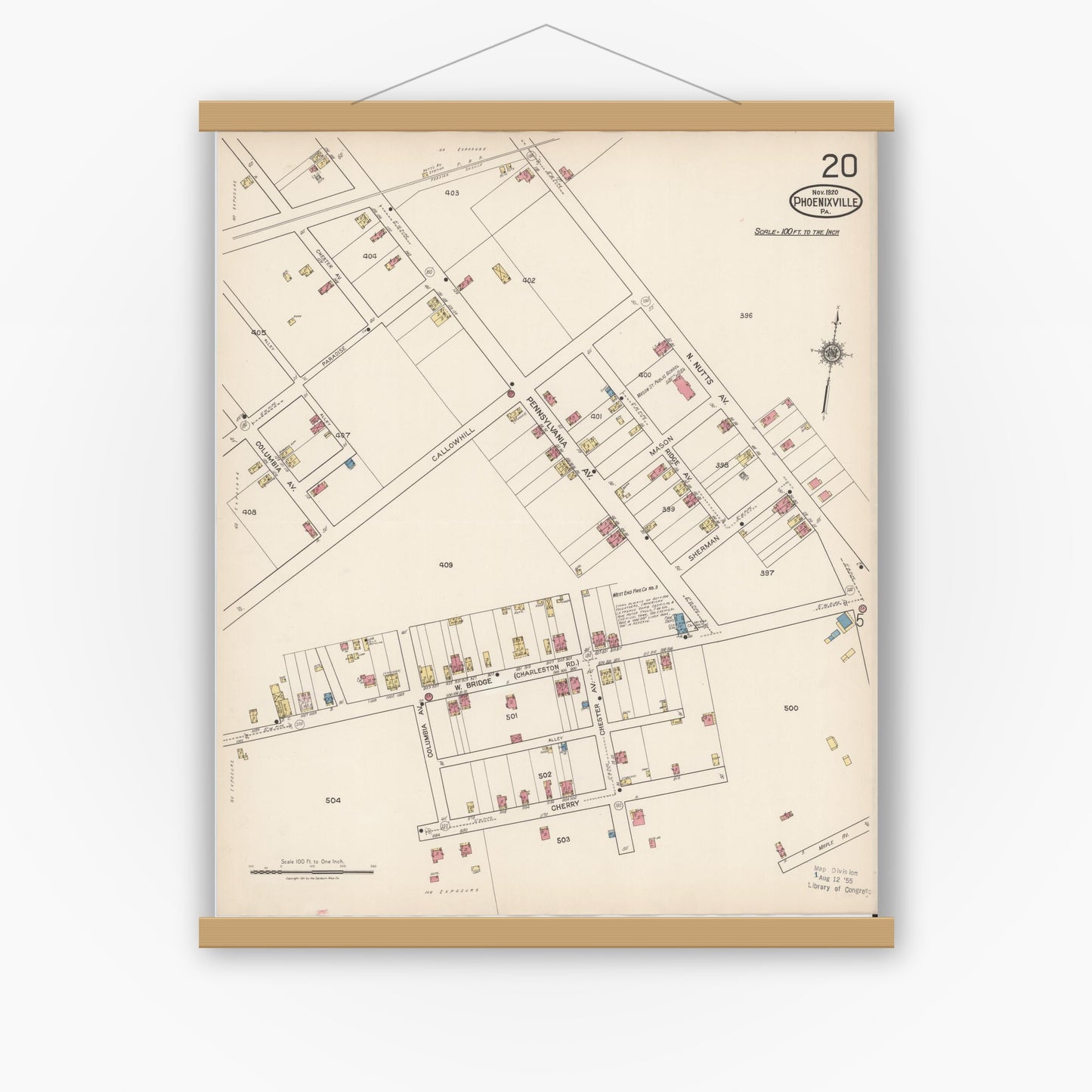 Old map wall art mockup — magnetic wood frame on white wall — Sanborn Fire Insurance Map from Phoenixville, Chester County, Pennsylvania (1921), Sheet #0020