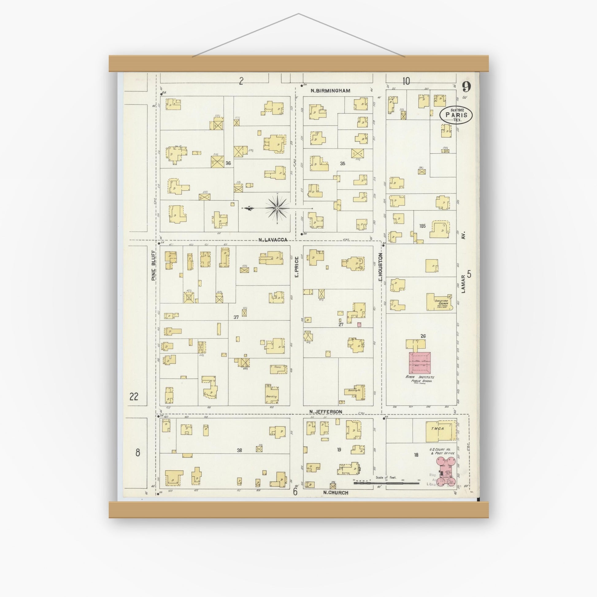 Old map wall art mockup — magnetic wood frame on white wall — Sanborn Fire Insurance Map from Paris, Lamar County, Texas (1902), Sheet #0009