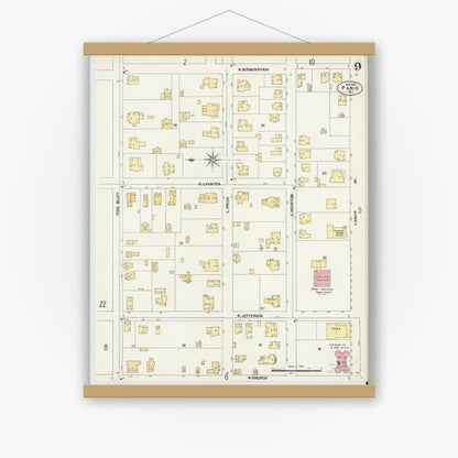 Old map wall art mockup — magnetic wood frame on white wall — Sanborn Fire Insurance Map from Paris, Lamar County, Texas (1902), Sheet #0009