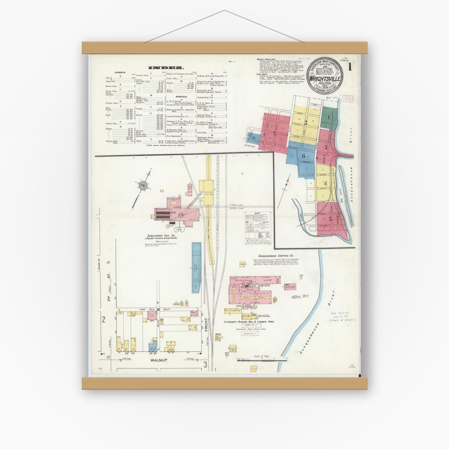 Old map wall art mockup — magnetic wood frame on white wall — Sanborn Fire Insurance Map from Wrightsville, York County, Pennsylvania (1909), Sheet #0001