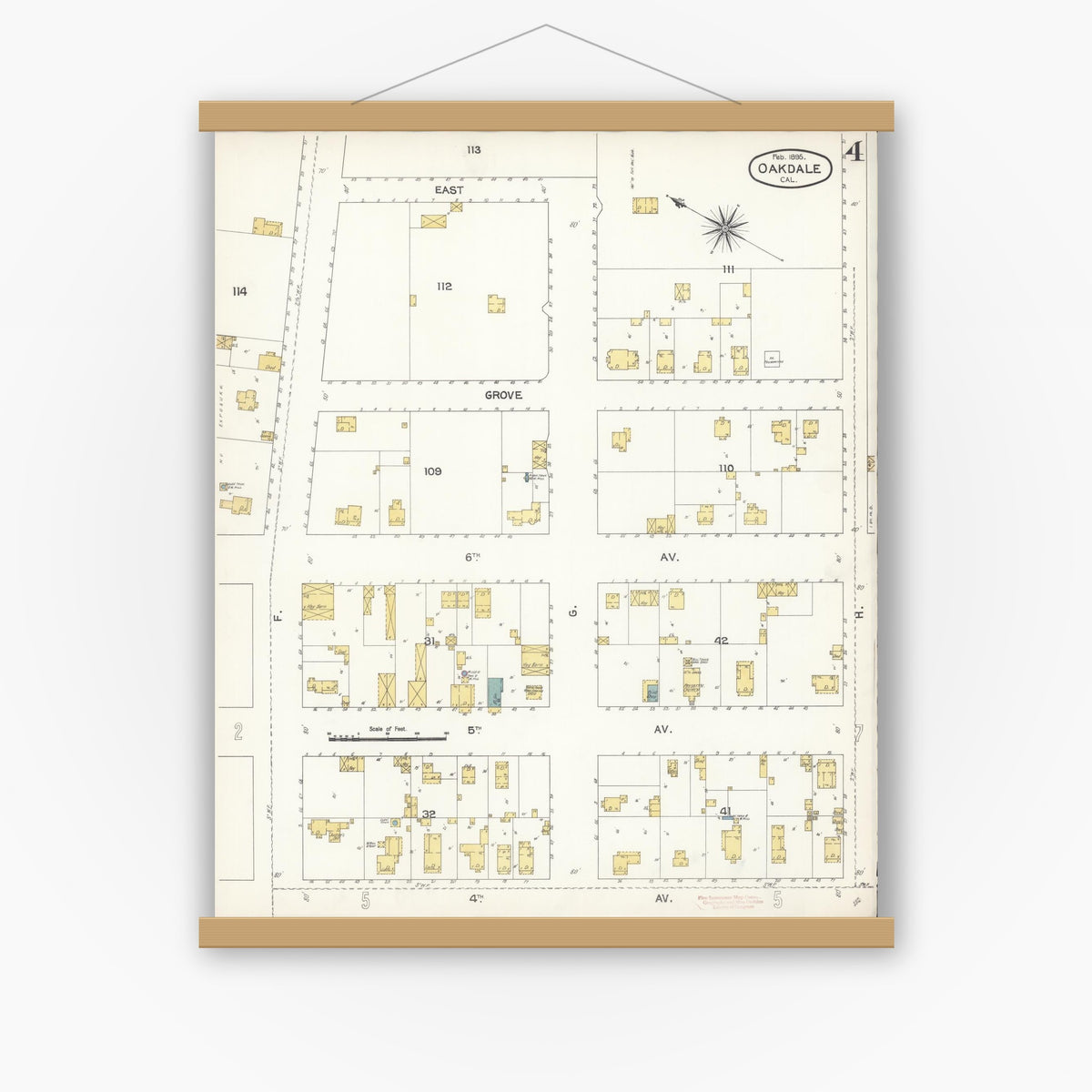 Old map wall art mockup — magnetic wood frame on white wall — Sanborn Fire Insurance Map from Oakdale, Stanislaus County, California (1895), Sheet #0004