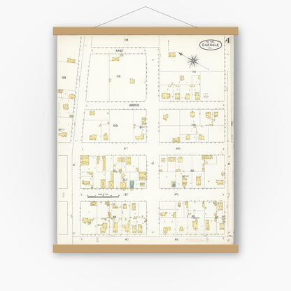 Old map wall art mockup — magnetic wood frame on white wall — Sanborn Fire Insurance Map from Oakdale, Stanislaus County, California (1895), Sheet #0004