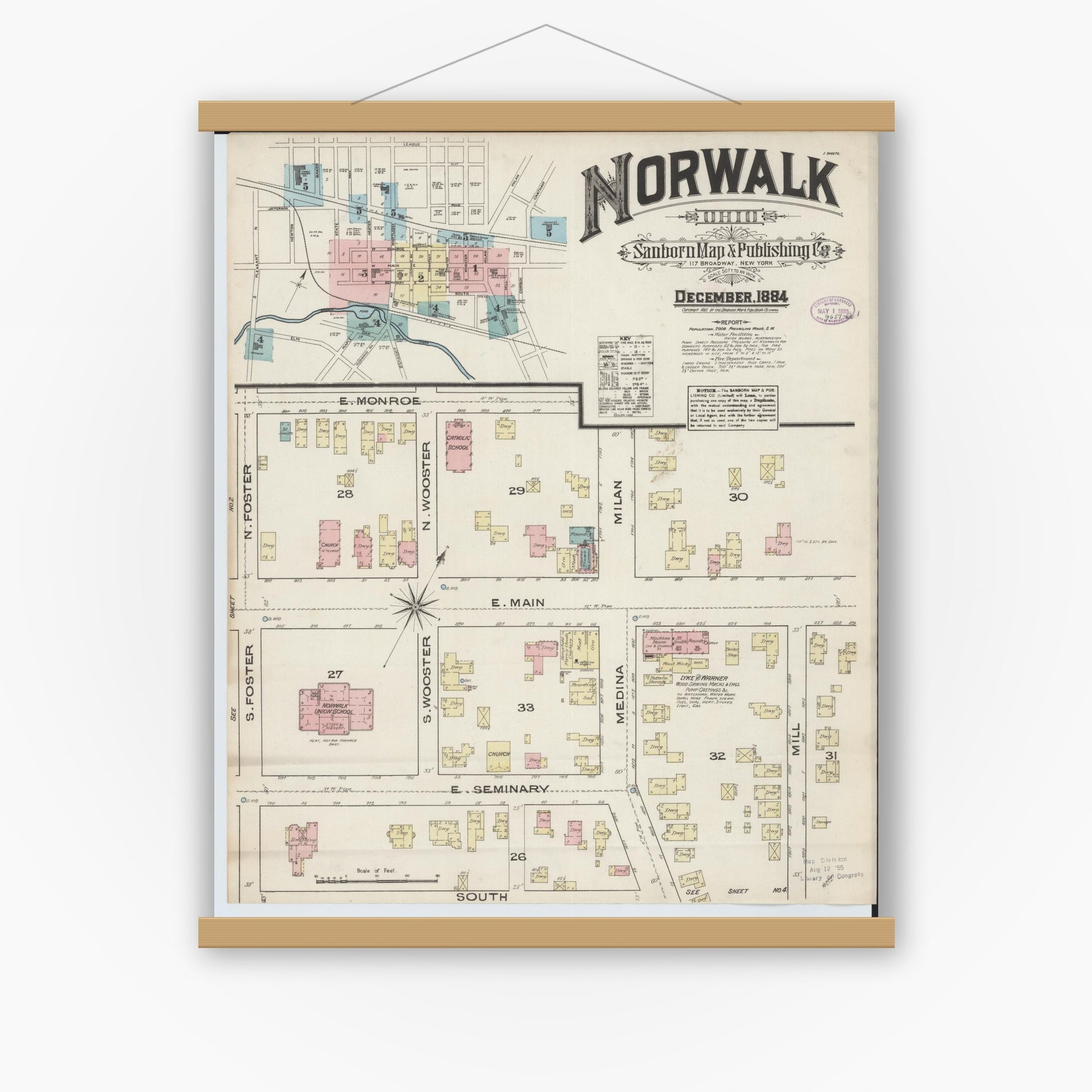 Old map wall art mockup — magnetic wood frame on white wall — Sanborn Fire Insurance Map from Norwalk, Huron County, Ohio (1884) - Complete Map Set