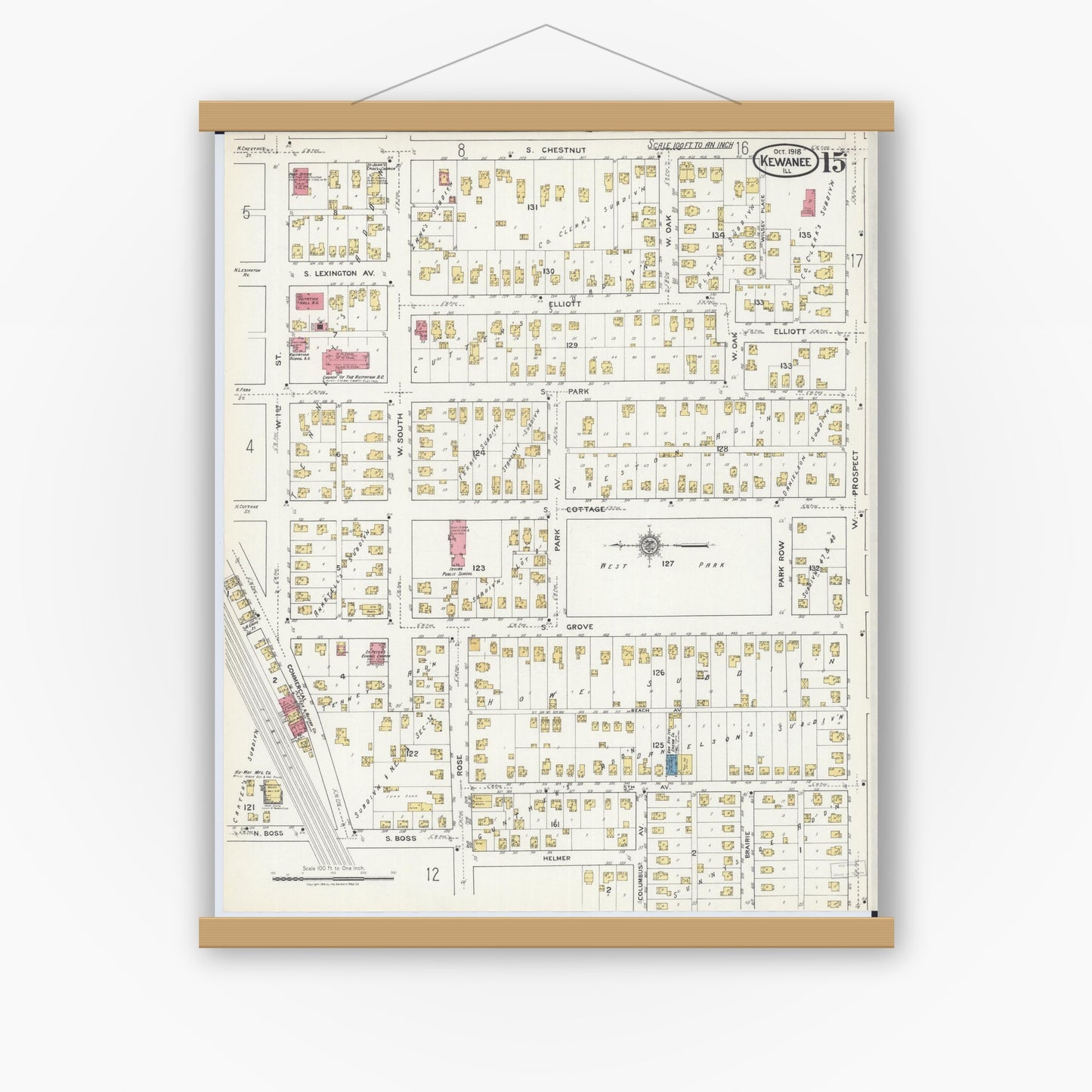 Old map wall art mockup — magnetic wood frame on white wall — Sanborn Fire Insurance Map from Kewanee, Henry County, Illinois (1918), Sheet #0015