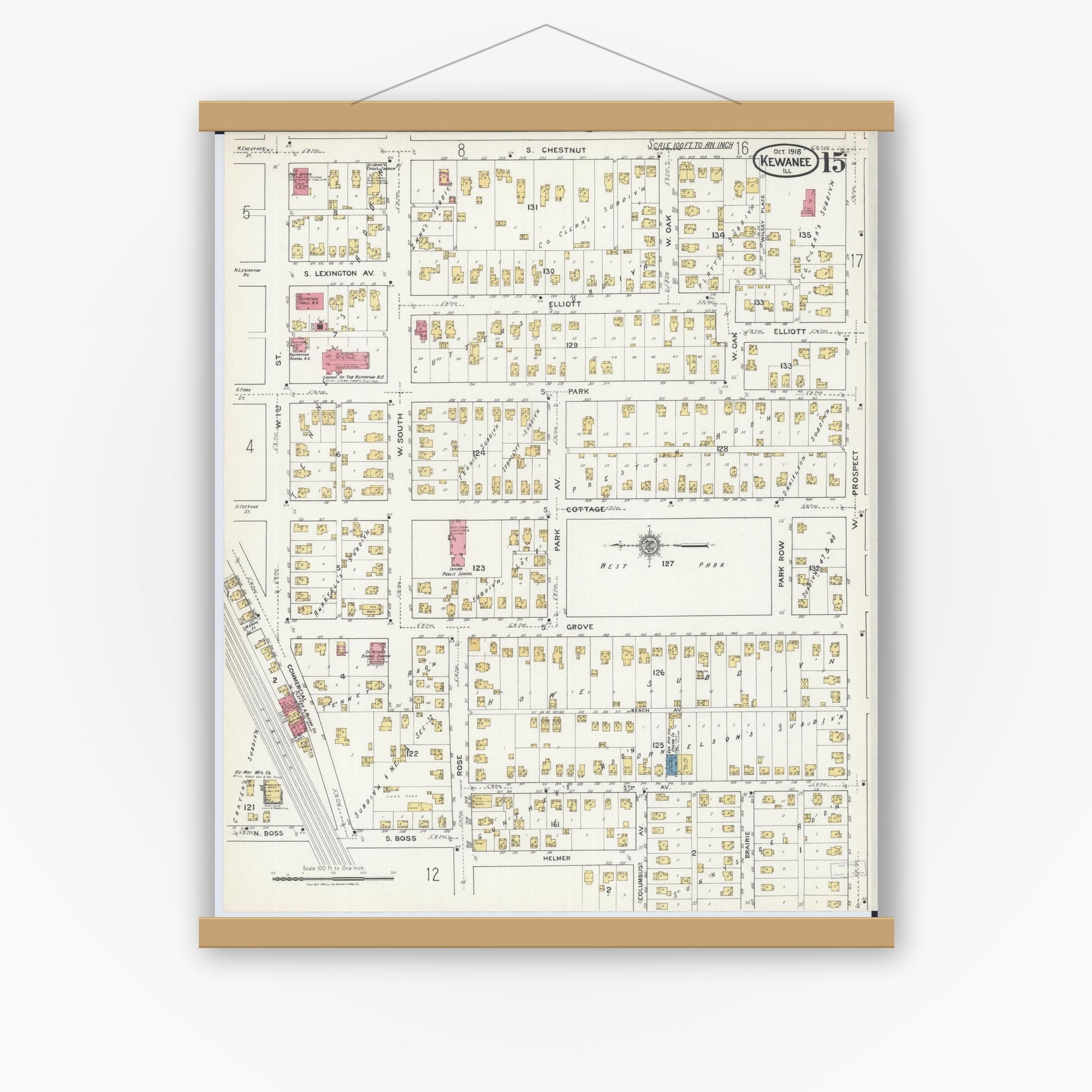 Old map wall art mockup — magnetic wood frame on white wall — Sanborn Fire Insurance Map from Kewanee, Henry County, Illinois (1918), Sheet #0015