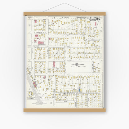 Old map wall art mockup — magnetic wood frame on white wall — Sanborn Fire Insurance Map from Kewanee, Henry County, Illinois (1918), Sheet #0015