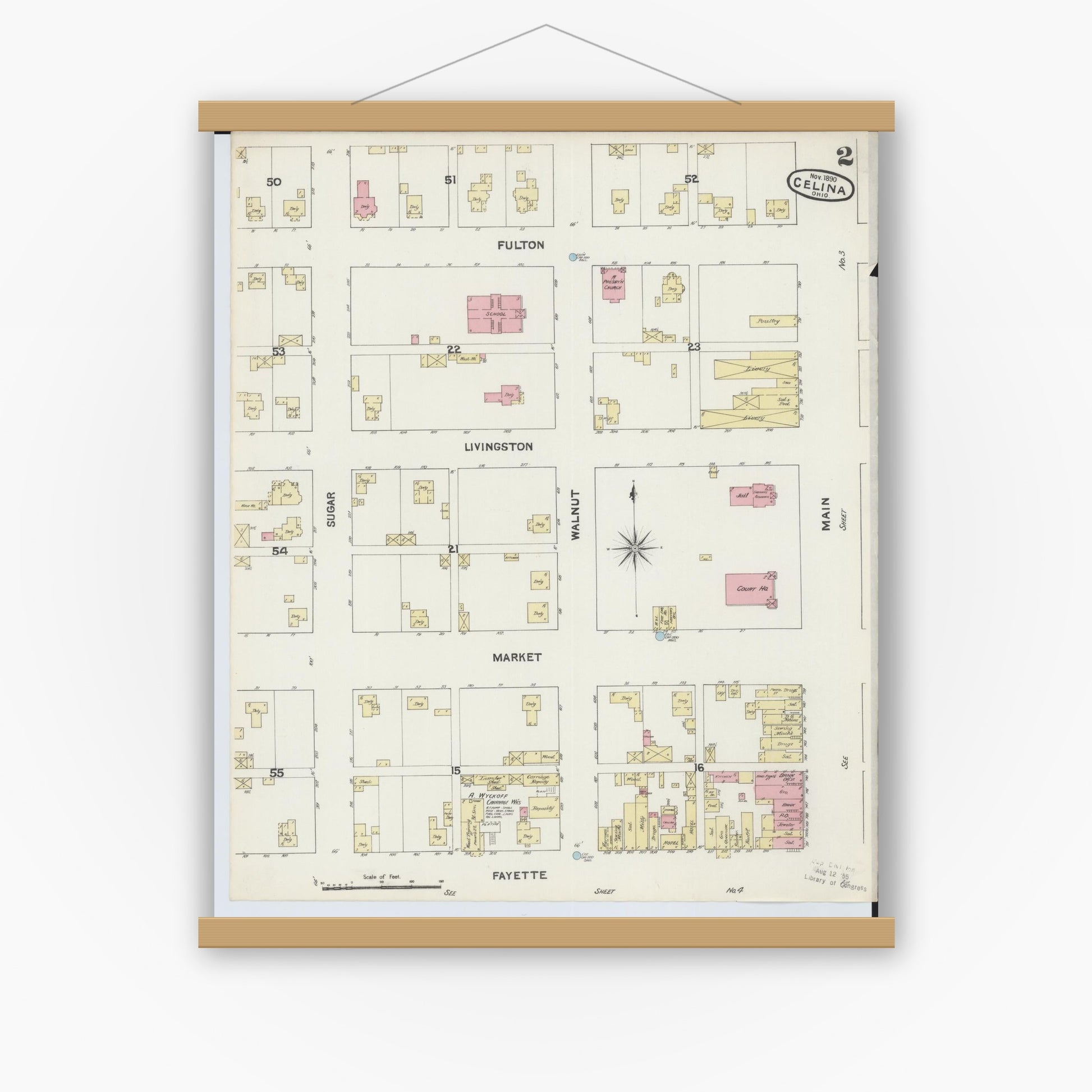 Old map wall art mockup — magnetic wood frame on white wall — Sanborn Fire Insurance Map from Celina, Mercer County, Ohio (1890), Sheet #0002