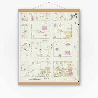 Old map wall art mockup — magnetic wood frame on white wall — Sanborn Fire Insurance Map from Celina, Mercer County, Ohio (1890), Sheet #0002